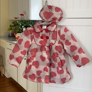 Penelope Mack Toddler Girl Red Heart Puffer Jacket with Matching Hat